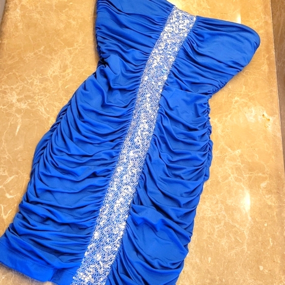 XOXO strapless ruched bodycon dress with front center glamour detailing,  S - Picture 13 of 16